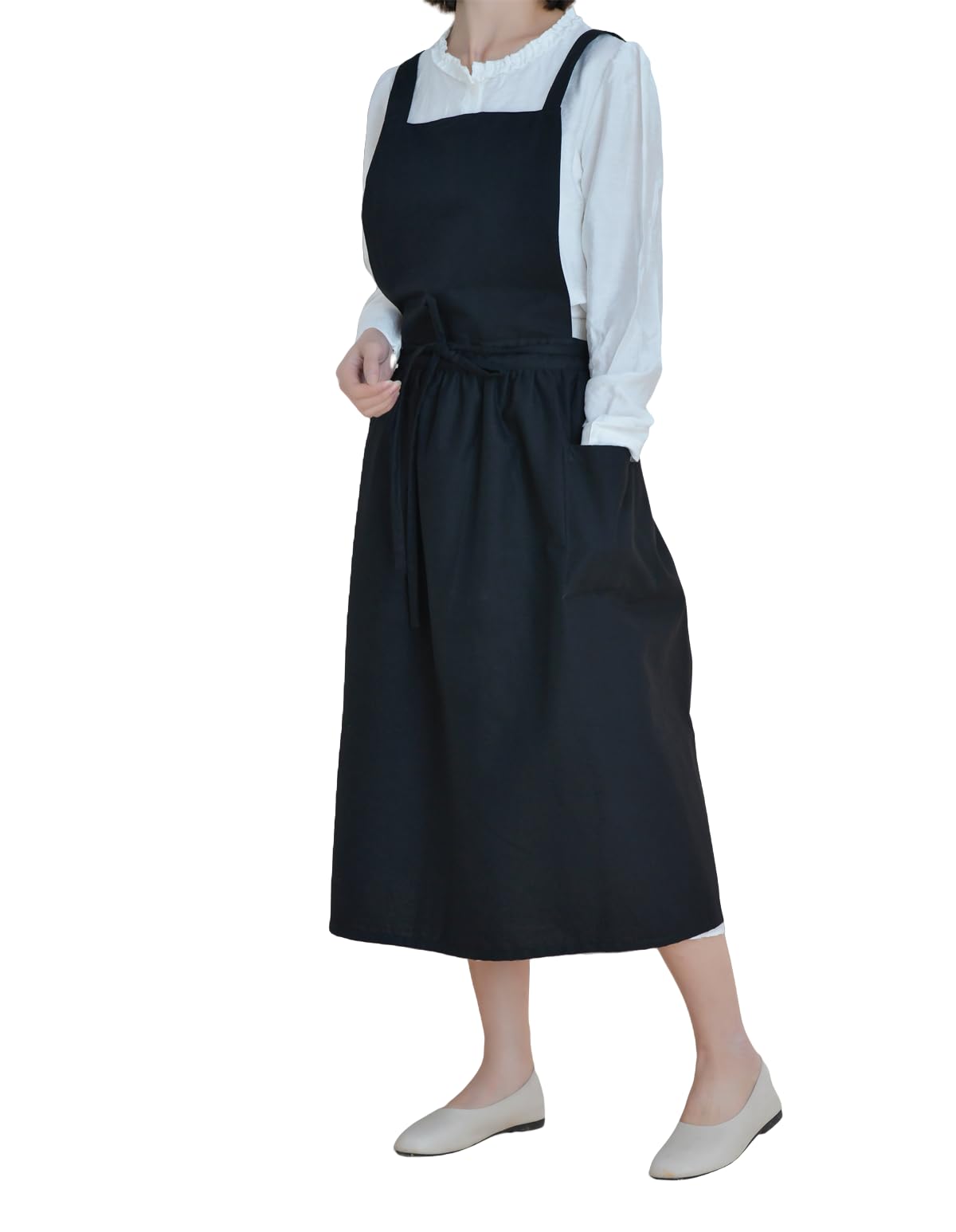 ACHSOO Cotton Solid Color Pinafore with Pockets Cross Back Straps Casual Bib Aprons Cooking Gardening Coffee Shop (Black)