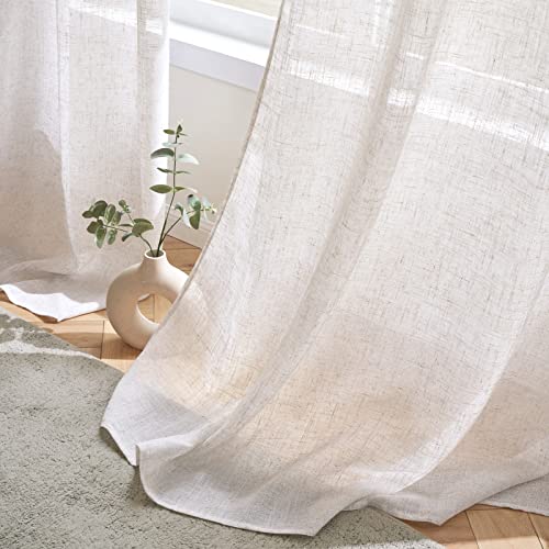 Woaboy 2 Pieces Translucent Linen Curtains Modern Decorative Eyelet Curtains for Living Room and Bedroom 140 x 260 cm Bleached White