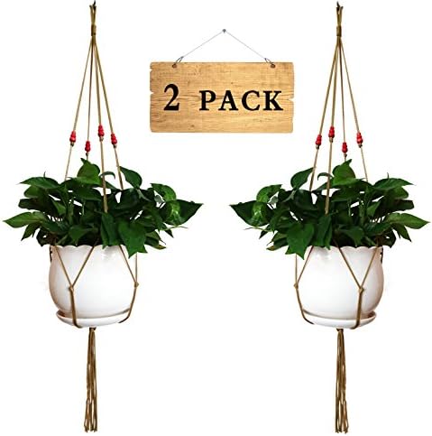 Hanpo 4 Legs Macrame Nylon Rope Plant Holders with Wood Bead Decoration ,Coffee Color, 31-inches and 10 Inches Tail Tassel (Without the pot and plant)(2)