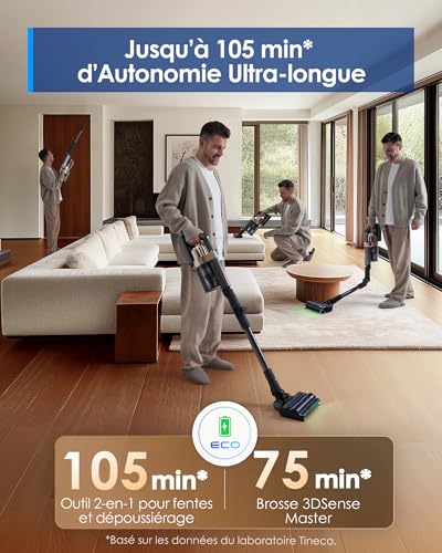 Tineco Pure One A90S Cordless Vacuum Cleaner, 270AW Vacuum, 105 Min Autonomy, 3DSense Master Brush, 150° Green LED Light, 180° Foldable, Suitable for Pet Hair/Carpet/Hard Floors