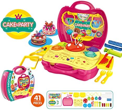 41pcs Pretend Play House Toy Set - Play Clay Dough 3D Figure Making Kit w/ Play Dough and Mold in a Portable Case #Dough Cake &amp; Party