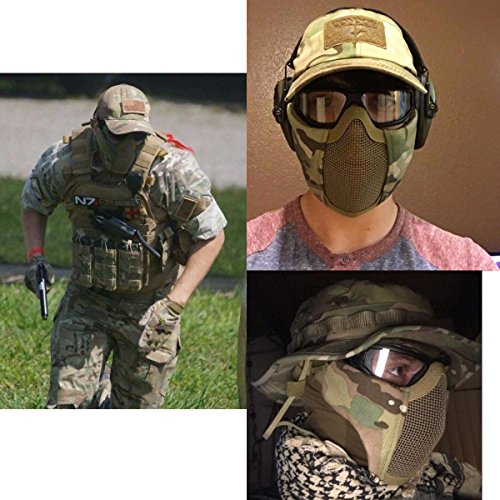 Huijukon 6" Foldable Half Face Mesh Mask Comfortable Adjustable Tactical Metal Steel Lower Mask for Airsoft/Hunting/Paintball/Shooting (MultiCam)