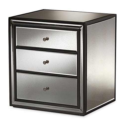 Baxton Studio 424-7603-Amz Dennise Art Deco Style 3, 3-Drawer Mirrored Nightstand, 