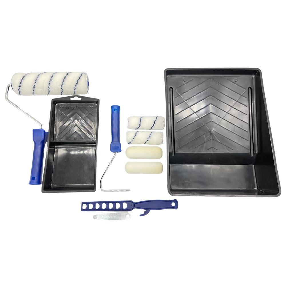 Maxim 11 Piece Paint Roller Painting Kit with Paint Stirrer and Can Opener, White Striped 9” Long Pile Roller Head, Twin 4” Foam and Woven Roller Heads with 9” Metal Frame, 10” Deep Black Tray