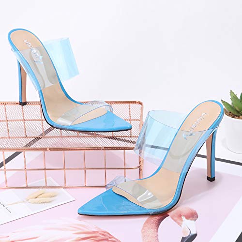 vivianly Womens Sexy Clear High Heels Transparent Strap Pointed Toe Mules Sandals Stiletto Heel Slip on Dress Shoes Blue - Thumbnail 6