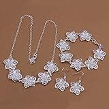Hot Sale Wedding Fashion 925 Silver Plated Jewelry Set Hand Chain Bracelet Necklace Hook Earing With White Flower