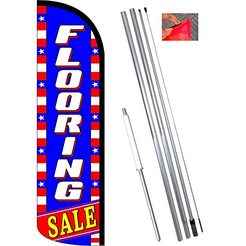 FLOORING SALE (Blue/White/Stars) Windless Feather Flag Bundle (11.5' Tall Flag, 15' Tall Flagpole, Ground Mount Stake)
