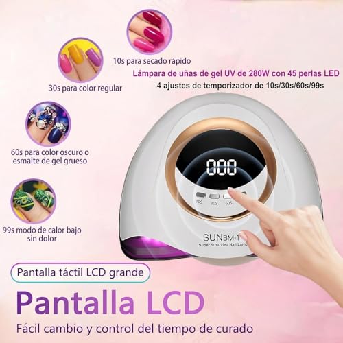 Lámpara de Uñas, UV/LED Secador de Uñas de 280W, Lámpara UV para Uñas con 45 Luces, Lámpara de Uñas para Esmalte de Gel con 4 Ajustes de Temporizador, Función de Temporizador de Memoria y Pausa