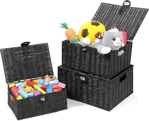 Homodoskey Set of 3 Woven Storage Basket Box Wicker Hamper Stackable Bin with Lid & Lock, Built-in Carry Handles, Organizer for Nursery, Baby Closet, Diaper, Toys, Home, Office, Laundry, DVD (Black)