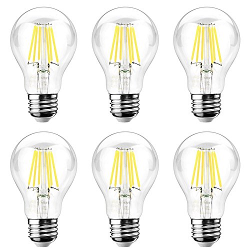Ascher E26 LED Classic Light Bulbs / 8W, Equivalent 75W, 1000lm / Daylight White 5000K / Filament Clear Glass / Non Dimmable / Pack of 6
