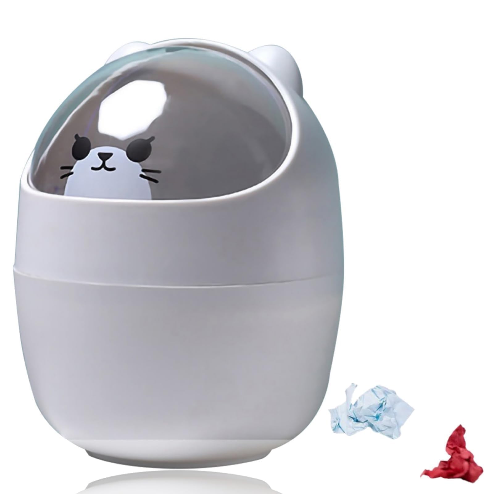 Cyrank Desk Bin, Mini Trash Can Cute Desktop Trash Can with Swing Lid Small Bin Cartoon Cat Animal Shape 15.5x11cm/6.1x4.3in 500ml (Grey)