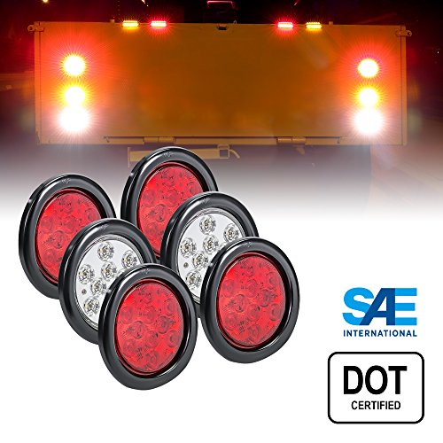 4 RED + 2 White 4" Round LED Trailer Tail Light Kit - DOT Certified Stop Turn Brake Reverse Back up Tail Light