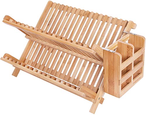 HBlife-Dish-Rack-Bamboo-Folding-2-Tier-Collapsible-Drainer-Dish-Drying-Rack-With-Utensils-Flatware-Holder-Set-1-Dish-Rack-With-Utensil-Holder