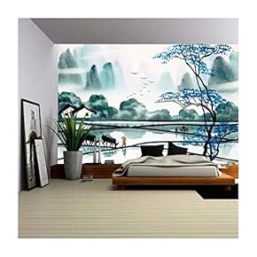 Chinese Landscape Watercolor Painting - Removable Wall Mural | Self-Adhesive Large Wallpaper - 66x96 inches