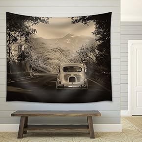 Sepia Photo of a Retro Car Going to Mountains - Fabric Wall Tapestry Home Decor - 51x60 inches