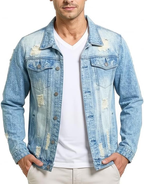ジャケット・アウター Hand-Ripped Denim Jacket [extrm-fit] Amazon.com: HEYDHSDC Men Hand Painted Denim Jacket Ripped Hole