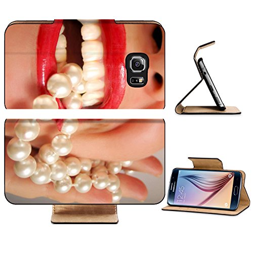 Luxlady Premium Samsung Galaxy S6 Edge Flip Pu Leather Wallet Case IMAGE ID 267808 glamorous lips and pearls