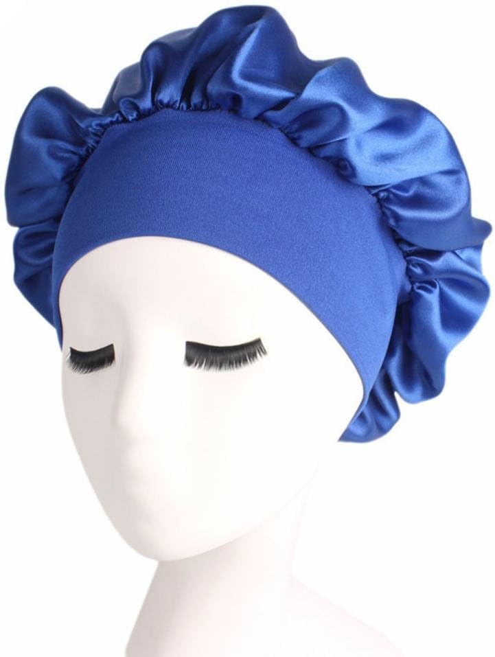 Wide Band Satin Bonnet Cap Comfortable Night Sleep Hat Hair Loss Cap (Blue)
