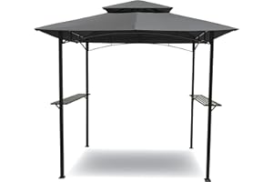 BACKYARD EXPRESSIONS PATIO · HOME · GARDEN Backyard Expressions 8x5 BBQ Grill Gazebo with LED Lights – Double Tier Canopy for Ventilation, Weather-Resistant Polyester Top, Powder-Coated Steel Frame, and Dual Side Shelves – Charcoal Gray