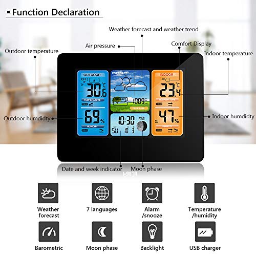 ALLOMN Wireless Weather Station with Color High Definition Display Indoor Outdoor Digital Thermometer Home Alarm Clock with Temperature Humidity Barometer Alarm Moon Phrase (Black)