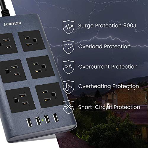 10 Ft Flat Plug Power Strip Surge Protector with USB, JACKYLED 1875W