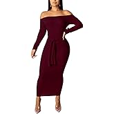 SheKiss Women's Off Shoulder Long Sleeves Bodycon Sweater Dress Sexy Knit Slim Cardigans