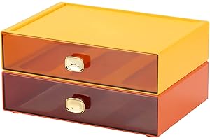OSteed Spacious Desktop Storage Box, 2 Large Storage Drawers, Stackable Office Desk Drawer Organizer and Accessories, Printer Paper Organizer, Orange & Yellow Plastic Drawers for Workspace & Home
