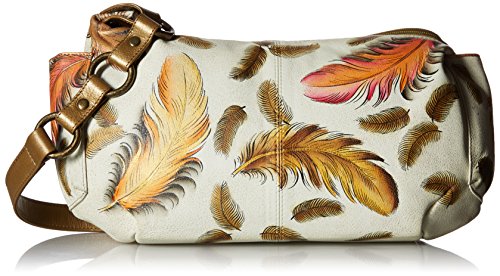Anuschka Handpainted Leather East West with Side Pockets,Floating Feathers Ivory