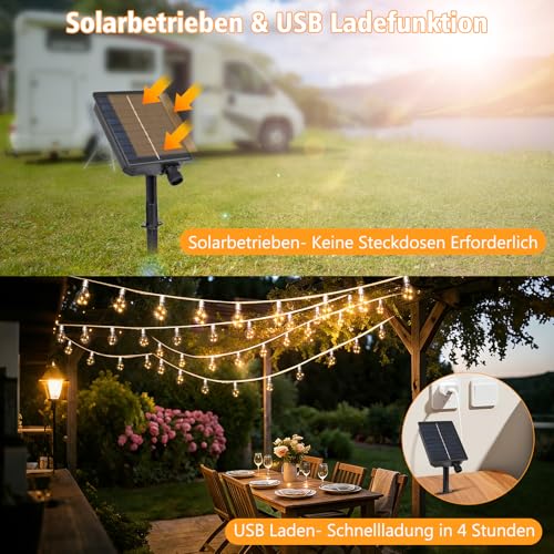 DBFAIRY 10 m Solar Fairy Lights Outdoor with 20 Bulbs, Solar Fairy Lights Outdoor Weatherproof with Timer 8 Modes, Vintage Hemp Rope Solar Fairy Lights Outdoor for Garden Balcony Party (Warm White)