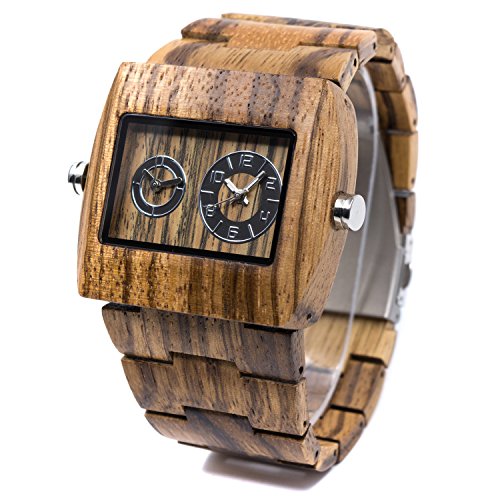 Bewell Wooden Men Watch Sub-dial Rectangle Dial Dual Time Zone Wrist Watches (Zebra Wood)