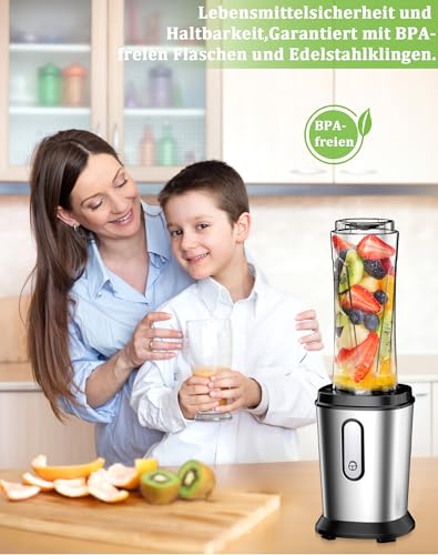 Mixer, 500 W Mini Stand Mixer & Smoothie Maker with 2 x 600 ml Bottles, BPA-Free Tritan, Portable Mixer Smoothie Maker Made of Stainless Steel, 4 Sheets for Shake, Smoothie, Silver and Black