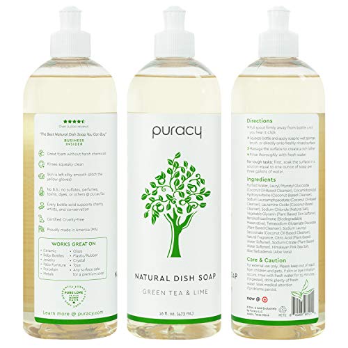 Puracy Dish Soap, Green Tea & Lime, Care for Your Dishes and Your Hands, 99.96 PlantBased