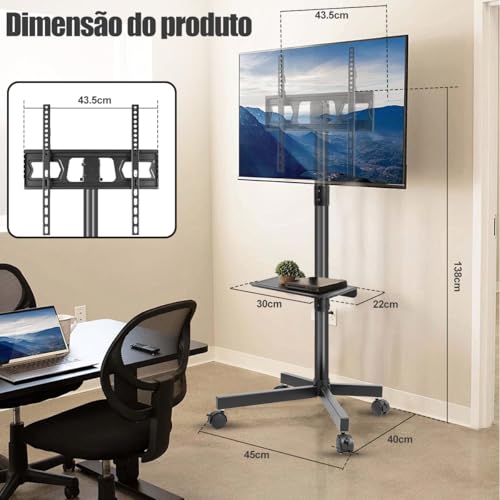 32'' a 65'' Suporte para TV/Monitor com Rodas, Carrinho de TV Móvel Ajustável de Altura Livre, Suporte Pedestal para TV Tela Grande