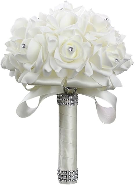 Amazon Com Stillcool Wedding Bouquets Crystal Pearl Silk Roses Bridal Bridesmaid Wedding Hand Bouquet Artificial Fake Flowers 18cm24cm Creamy White Home Kitchen