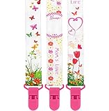 Premium Pacifier Clips by KiddosArt. Set Of 3, 2-Sided Of MOM'S LOVE - PINK Art, Stunningly Designed Pacifier Holder, Pacifier Leash, Baby Pacifier Clips for Girls. Baby Shower Gift.