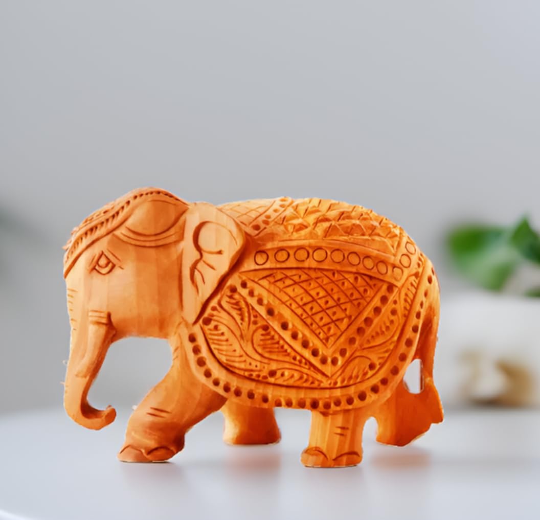 Purpledip Wooden Carved Elephant; Miniature Idol for Table Tops, Showpiece, Indian Gift (11260)