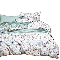 Wake In Cloud - Botanical Duvet Cover Set, Cotton Sateen Bedding, Colorful Watercolor Floral Flowers Pattern Printed on White (3pcs, Queen Size)