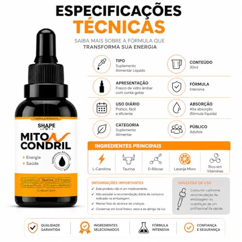 Mitocondril Suplemento Líquido 30ml Energia e Disposição Uso Diário Prático Alta Absorção Fórmula com L-Carnitina Taurina D-Ribose Suporte Nutricional Bem Estar