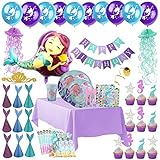 Mermaid Party Supplies - Complete Tableware and Decoration Deluxe Set - Plates, Cups, Utensils, Napkins, Table Cloth, Balloons, Happy Birthday Banner, Cupcake Topper, Favor Bags, Mermaid Hats & Crown