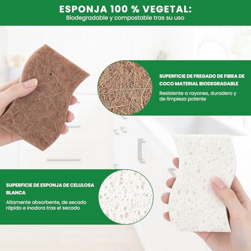 JDF3CISH 12PCS Esponja para Trastes - Fibras para Trastes Naturales, Doble Cara Ecológica, Antirayaduras y Secado Rápido, Ideal para Cocina