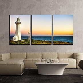 3 Piece Canvas Wall Art - The Lighthouse in The Sunset - Modern Home Art Stretched and Framed Ready to Hang - 16"x24"x3 Panels