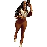 Womens Sweatsuits 2 Piece Set Contrast Color Long Sleeve Zip Up Cropped Jacket Leggings Pants Jogger Track Suits