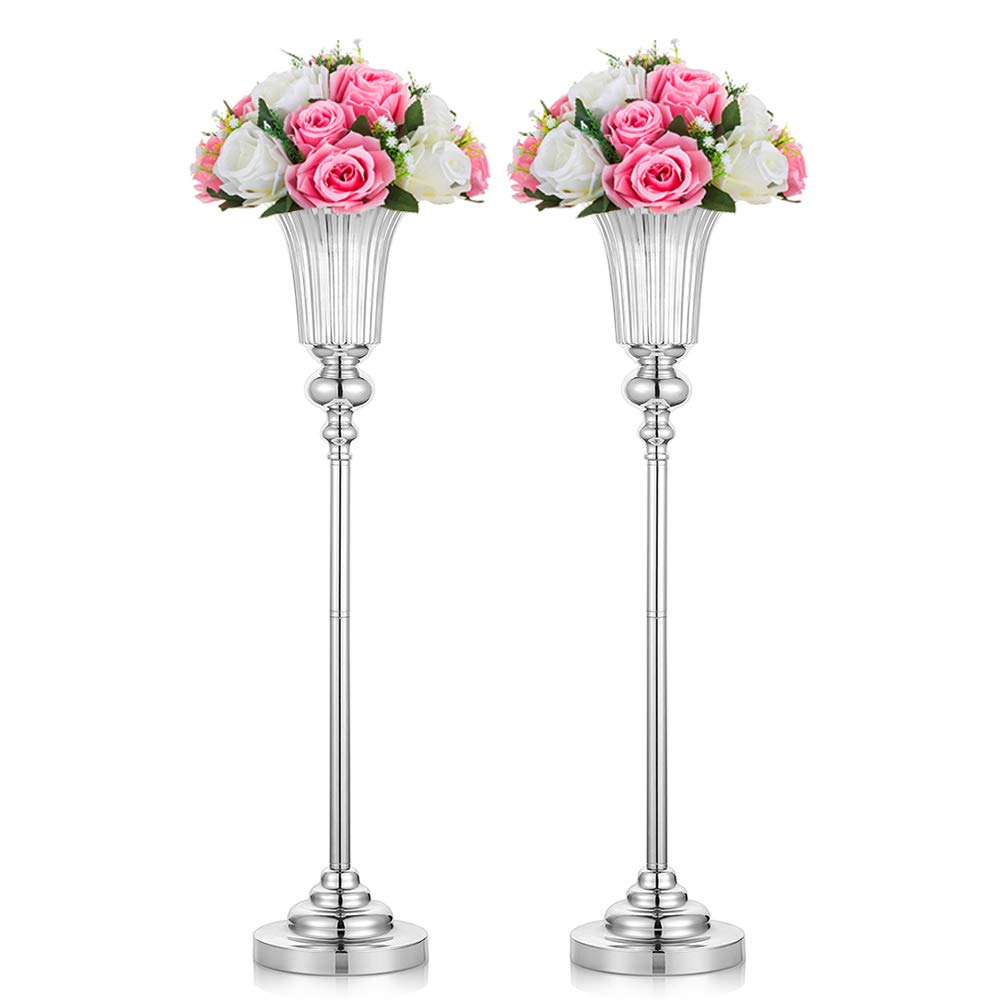 NUPTIO Tall Silver Vases for Centerpieces: 2 Pcs 67.8cm Wedding Table Centrepieces Trumpet Vase Metal Flower Stand for Party Anniversary Ceremony Birthday Decorations