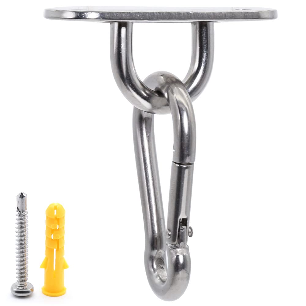 MgcTolBox 4 Set M6 Eye Pad Plate 2.4" and Metal Staple Ring Hook Heavy Duty Metal Pad Eye Plate and Carabiner Clips with 8 Screws for Yoga Swings Hammocks, Suspension Training Straps,Shade Sails