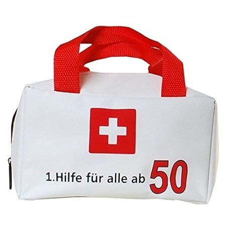 Tasche Polyester weiss '1. Hilfe für alle ab 50' zum 50 Geburstag Polyester, 11 x 19 cm