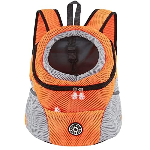 M MUNCASO Dog Carrier Backpack Small Pet Travel Bag Puppy Pet Front Pack with Breathable Head-Out Design and Waterproof Bottom Airline Approved for Outdoor Hiking Travel (L,Orange)