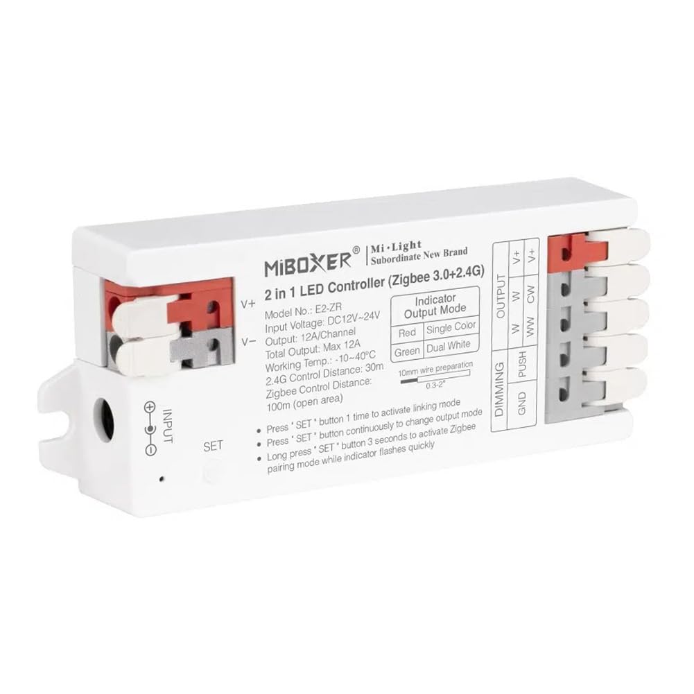 LGIDTECH E2-ZR Miboxer Zigbee+2.4G 2 in 1 LED Strip Light Controller with Tool-Free Wiring,Used for Single Color & Dual White LED Strip Light DC 12-24V,Smartphone Control via Gateway(Excluded)