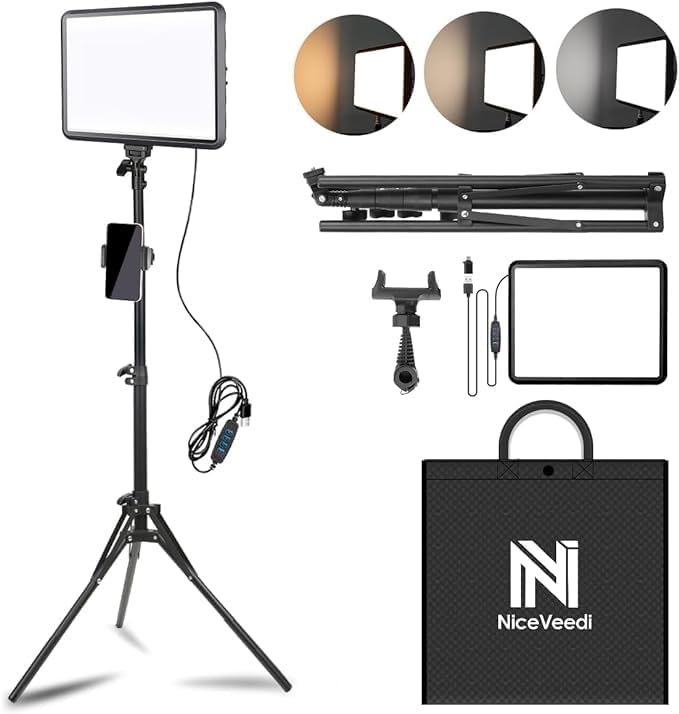 1-Pack LED Video Light Kit, NiceVeedi Photography Lighting Kit, 2800-6500K Dimmable Studio Light with Tripod Stand & Phone Holder, 73