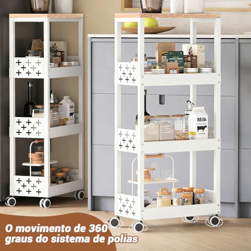 Carrinho de Armazenamento Fino Utilitário, 4 Andares com Tampo de Madeira, Multiuso com Rodinhas 360°, Carrinho Organizador Ideal para Espaços Confinados, Branco