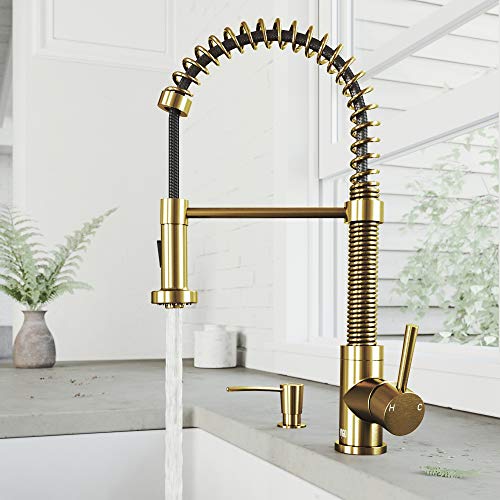 VIGO Commercial Single Hole Lead-Free Single Handle Dual Action Solid Brass Kitchen Sink Edison Smart Faucet, Kitchen Faucets With Pull Down Sprayer and Soap/Lotion Dispenser in Matte Brushed Gold